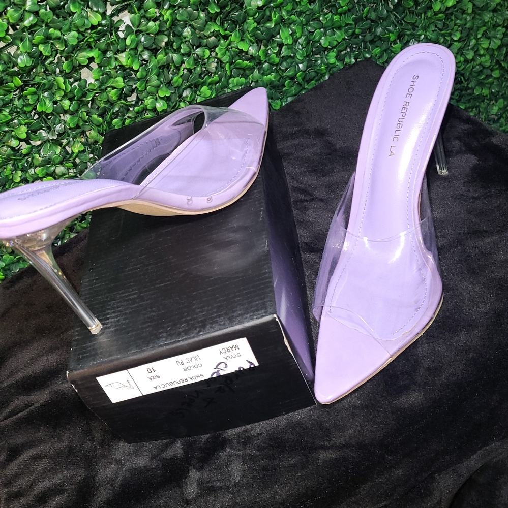 Clear heels with a purple bottom